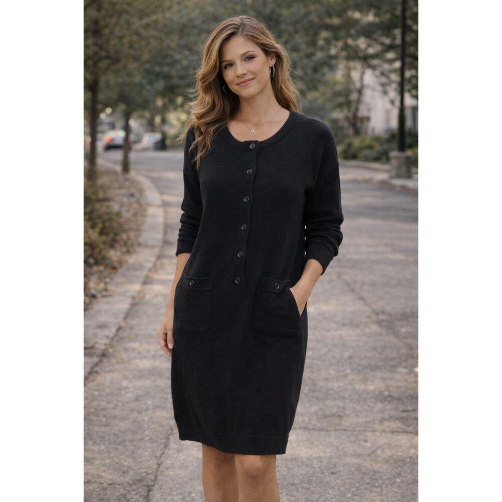 Sabino Sweatshirt Dress Black LS Lagenlook Half Button Up 100% Cotton Size S